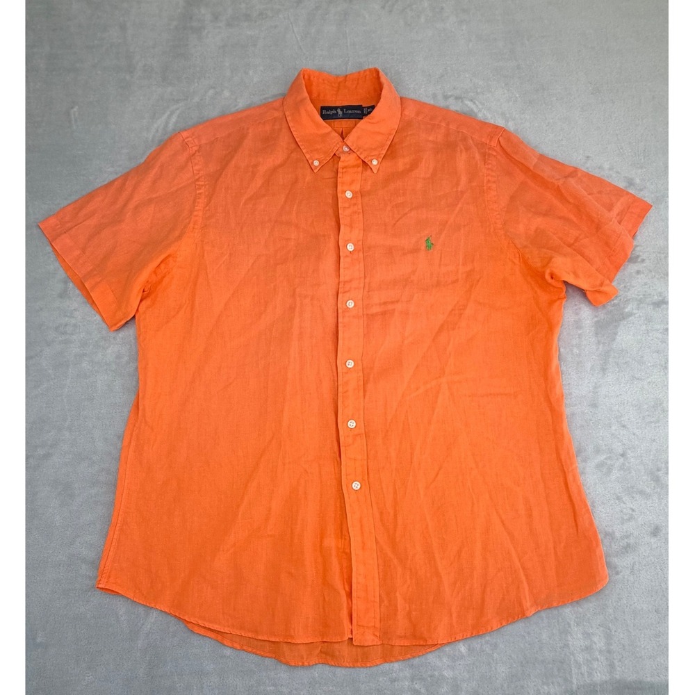 Polo Ralph Lauren Mens 100% Linen Button Down Shirt XL Orange Short Sleeve